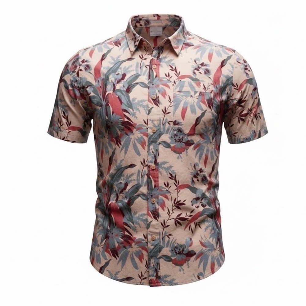 Columbia Mens Regular Fit Short Sleeve Floral Tropical Shirt Peach XM0795 Small